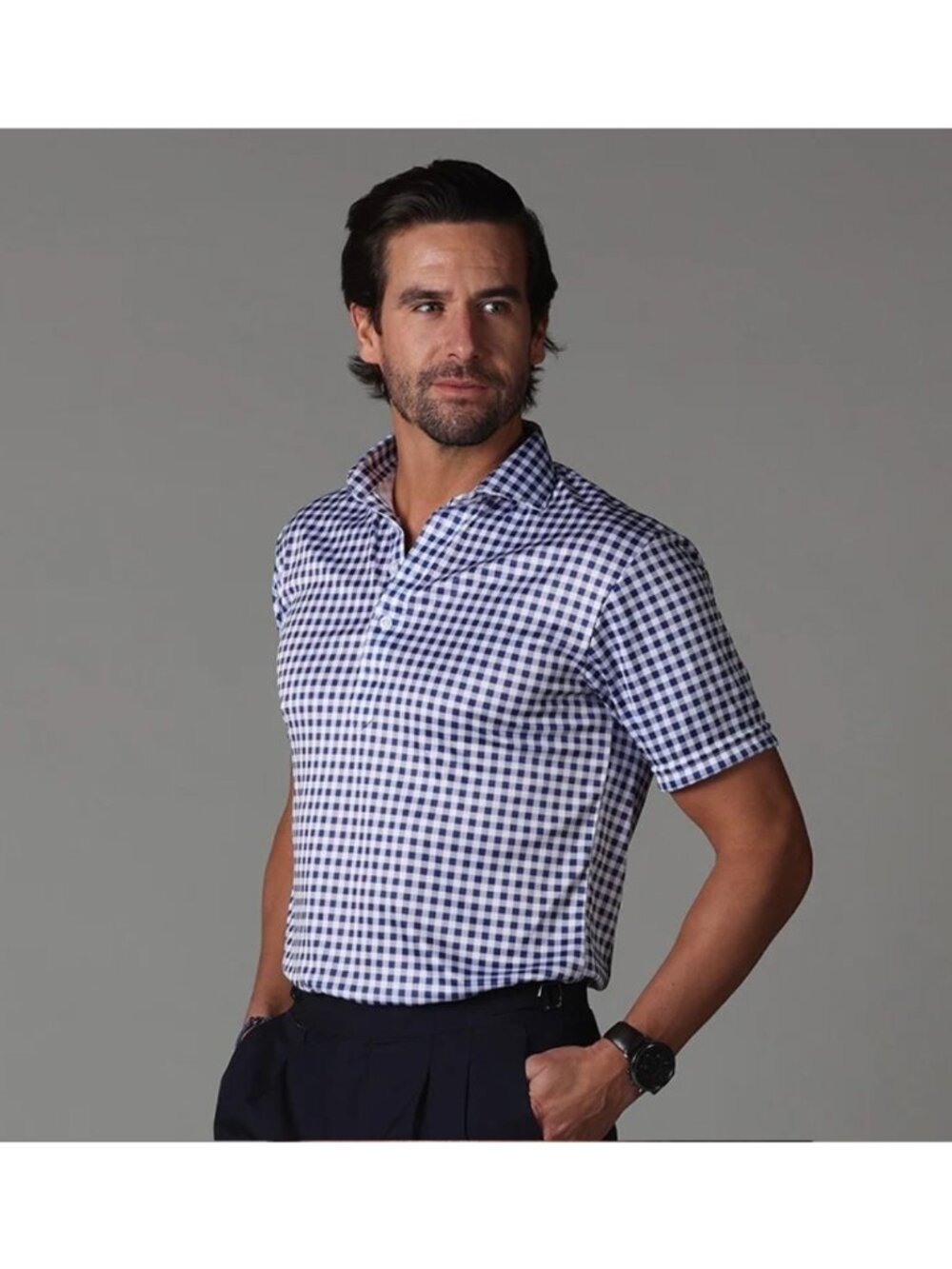 NWOT Collars and Co Polo Small Classic Semi-Spread Navy Blue Gingham Mens Golf